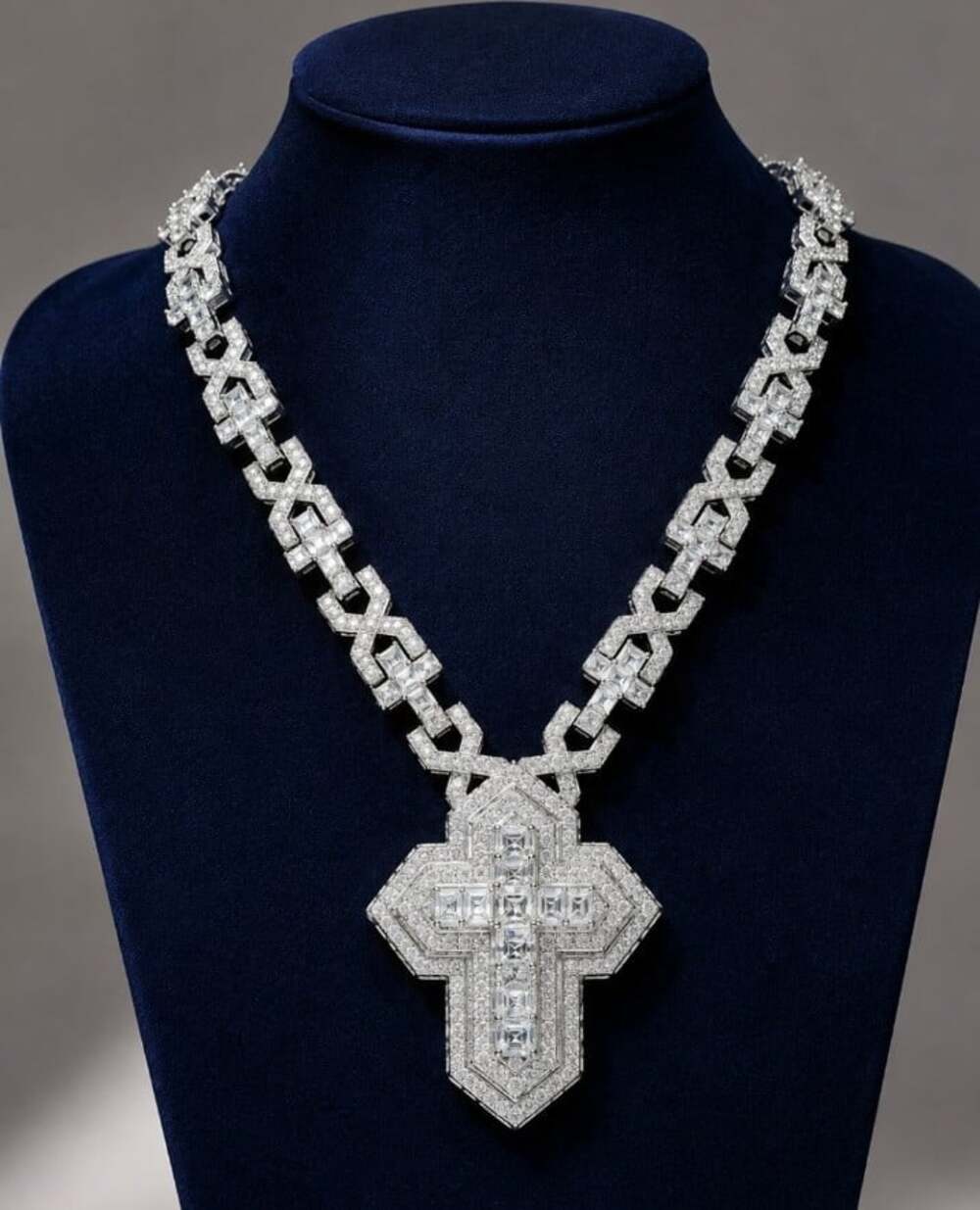 Iced Out Triple Cross Cuban Link Chain Necklace, Silver Statement Pendant